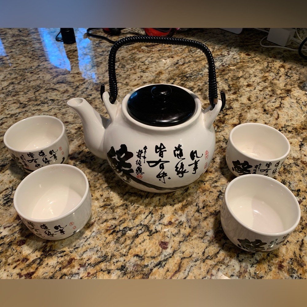 White Teapot Set with Black Accents